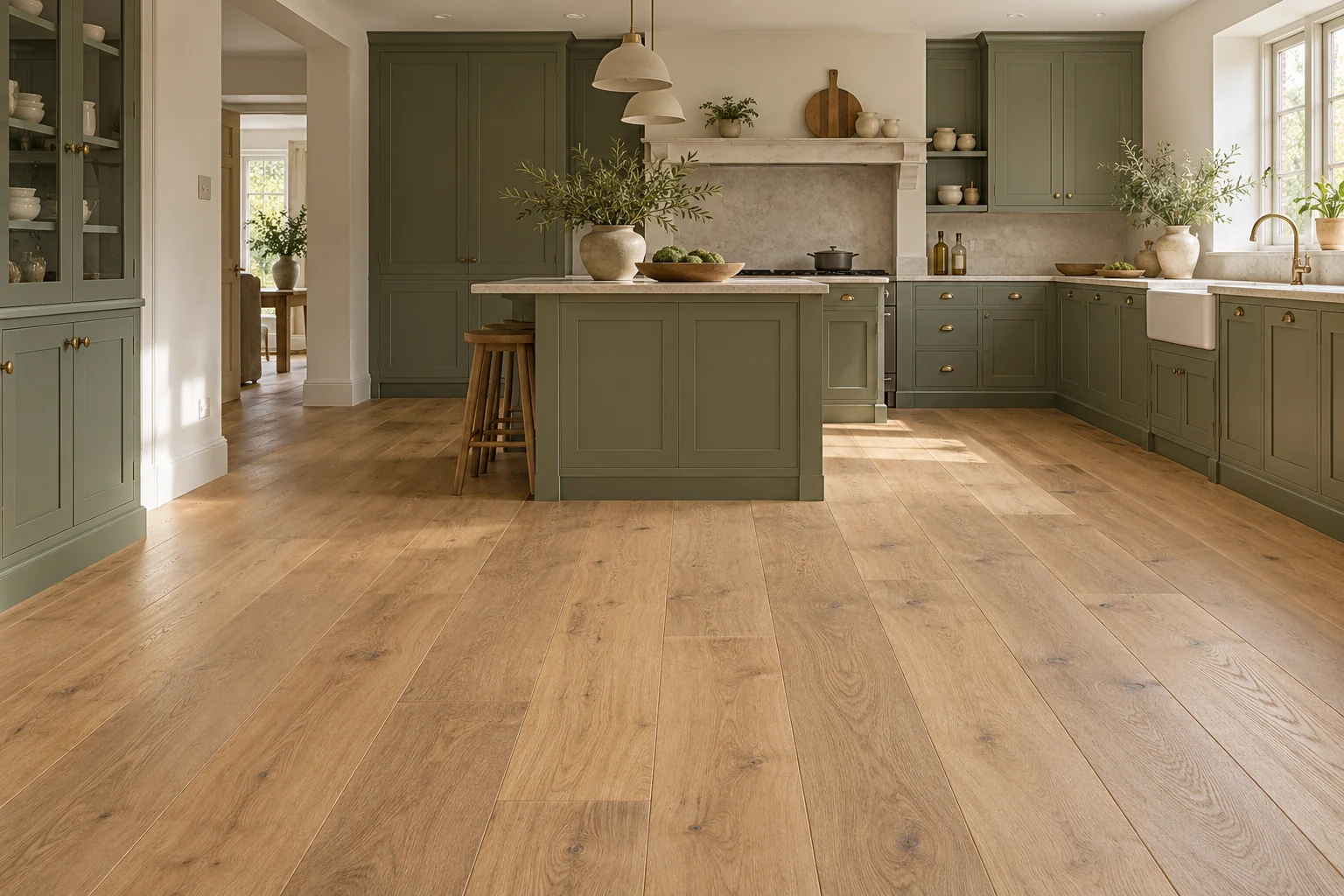 Light-filled kitchen inspiration with a warm wood effect floor